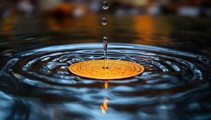 Poster - An Intriguing Close-up of a Single Water Drop Creating Ripples on a Golden Surface in a Peaceful Natural Setting Reflecting Serenity and Tranquility