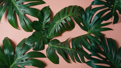 Poster - Green tropical leaves arranged artistically against a soft pink background for a vibrant and refreshing aesthetic