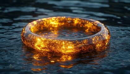 Poster - Glowing Circular Object Floating on Water Reflecting Light with a Stunning Golden Glow in a Serene Environment