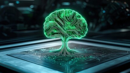 Poster - A glowing green tree made of circuit patterns stands on a metallic surface, symbolizing the fusion of nature and technology.