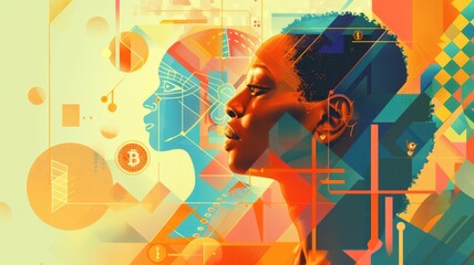 Poster - This vibrant abstract composition showcases a human profile surrounded by geometric patterns and symbols, illustrating the convergence of technology and creativity.