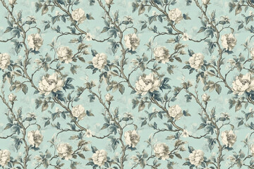 Poster - Floral Toile Tapestry Pattern. Vintage botanical wallpaper pattern. Background image. Created with Generative AI technology