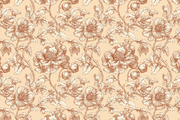 Poster - Floral Toile Tapestry Pattern. Vintage botanical wallpaper pattern. Background image. Created with Generative AI technology