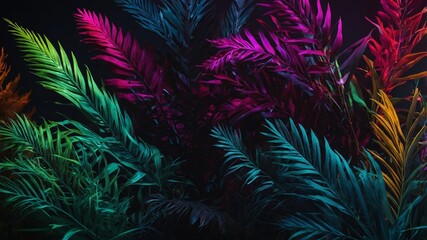 Poster - Lush tropical plants illuminated with vibrant colors in a dark setting create a striking visual experience