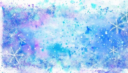 Poster - ethereal watercolor winter background with abstract blue and purple hues, snowflakes, and delicate texture for seasonal designs