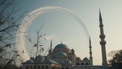 Mosque, city, jet trail, autumn, sunrise, travel, spirituality, aerial, photography, stock