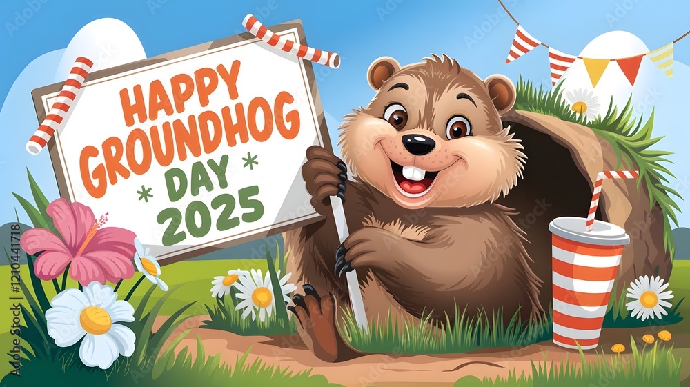Cute groundhog popping from the burrow, Groundhog Day 2025 celebration
