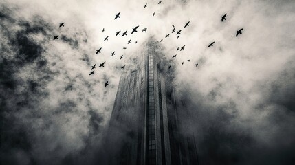 Canvas Print - Birds over Foggy Skyscraper: Urban Atmosphere