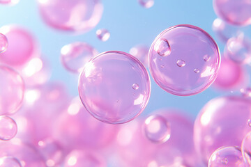 Poster - Bubbles floating in the air reflect light against a blue background