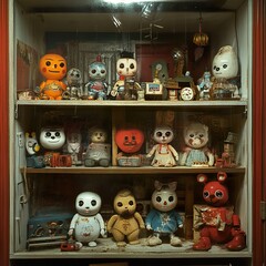 Wall Mural - Collection of Creepy Vintage Toys in Antique Cabinet