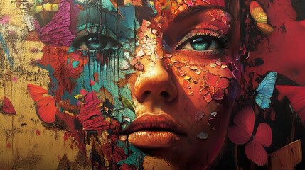 Wall Mural - Abstract Colorful Woman Portrait with Butterflies