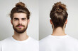 © Mselected - Stylish man with a top knot hairstyle and beard poses for dual profile view