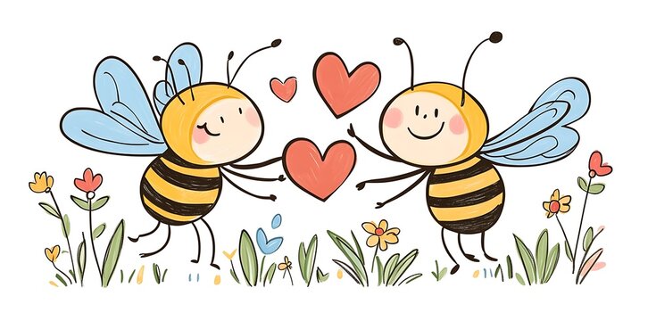 A subjective, whimsical text with a cute bee flying and hearts, a clipart sublimation vector illustration on a white background