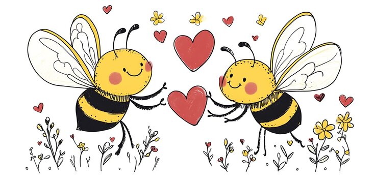 A subjective, whimsical text with a cute bee flying and hearts, a clipart sublimation vector illustration on a white background
