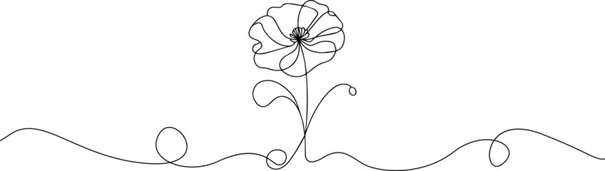 Wall Mural - Poppy one line drawing. Abstract flower continuous line. Minimalist contour drawing of red poppy seed. Continuous line drawing of flower poppy seed.Hand drawn sketch of flower with leaves.