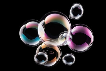 Poster - Colorful soap bubbles floating against a dark background in a playful arrangement