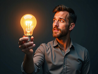 Poster - A Man Holds A Glowing Light Bulb Representing An Idea Or Concept As He Presents His Innovative Thoughts. 00001