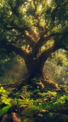 Wall Mural - Ancient Tree in a Magical Forest: Sunlight Through Leaves