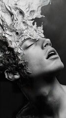 Wall Mural - Surreal Monochromatic Portrait: Man Transformed by Stone-like Texture