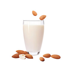 Wall Mural - Fresh almond milk in a glass with almond seeds isolated on a transparent background.