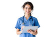 © Jharna.oo - Smiling Female Nurse in Blue Scrubs with Stethoscope Holding Tablet – Healthcare Professional Isolated on Transparent Background