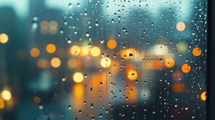 Poster - close-up of fresh raindrops on windowpane reflecting blurred city lights in background