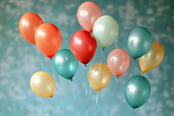 Poster - collection of colorful balloons floating against blurred background with ample copy space for text