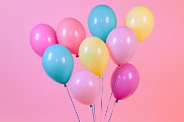 Poster - collection of colorful birthday balloons gently floating against solid color background capturing minimalistic style