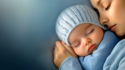 A serene moment of a mother peacefully cradling her sleeping baby in a cozy setting