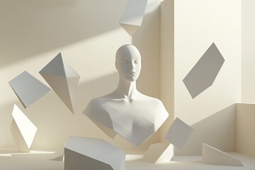 minimalist 3d rendering of androgynous form surrounded by floating geometric shapes