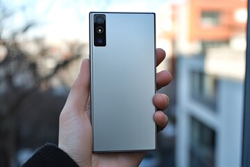 Poster - minimalistic and futuristic smartphone held in hand with large screen and ample copy space
