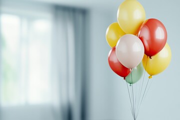 Poster - minimalistic birthday scene featuring colorful balloons floating lightly against soft blurred background creating sense