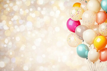 Poster - minimalistic birthday scene featuring colorful balloons floating lightly against soft blurred background creating sense