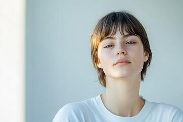 Poster - portrait of person in minimalistic style with blurred background ample copy space for text capturing