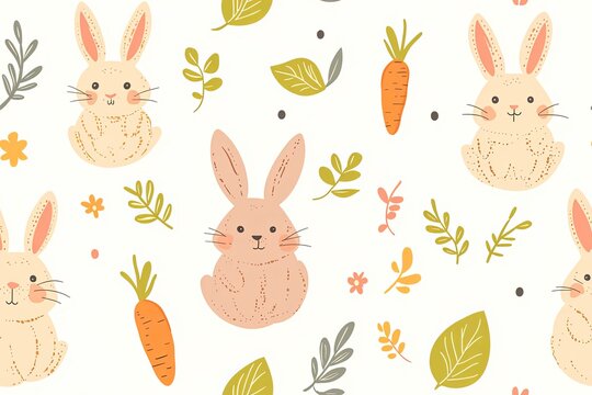 Seamless pattern with bunny rabbit cartoons, carrot, green leaves.