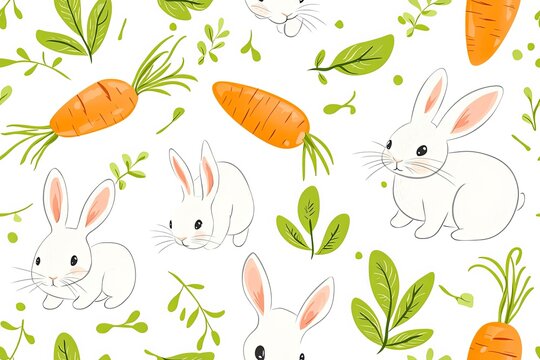 Seamless pattern with bunny rabbit cartoons, carrot, green leaves.