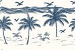 © Inspiration - Tropics background. Hand Drawn doodle Palm trees, Sea waves and flying birds silhouette seamless pattern.