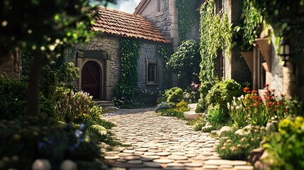 Poster - Sunlit Cobblestone Path, Charming Stone Cottage, Lush Garden