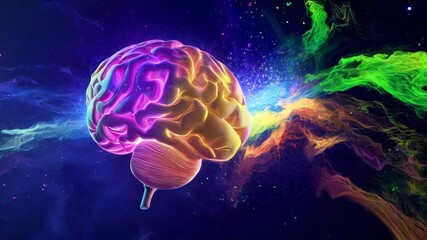 Poster - Vibrant neural energy: colorful brain and dynamic abstract light trails