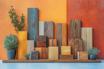 Poster - vibrant architectural photo showcasing wooden materials arranged aesthetically on clean surface