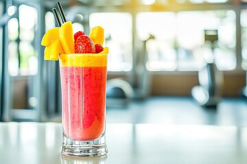 Poster - vibrant morning scene showcasing fresh fruit smoothie on clean table with blurred fitness area in background emphasizing