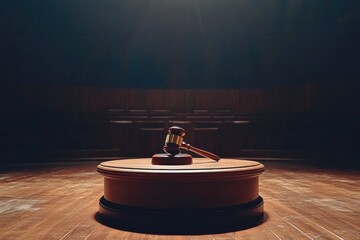 Poster - empty auction stage with classic wooden gavel resting on podium ready for next bidding war with copy space