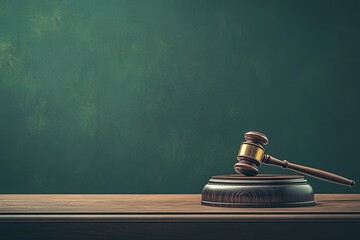 Poster - empty auction stage with classic wooden gavel resting on podium ready for next bidding war with copy space