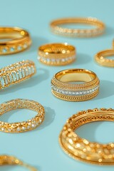 Poster - beautifully arranged gold jewelry set on pristine solid color background showcasing minimalistic design and elegant