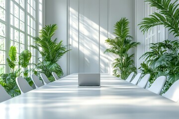 Poster - Bright, modern conference room with lush greenery and a laptop on a large table.