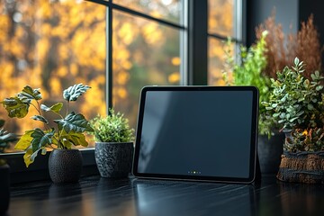 Poster - Tablet and plants by autumnal window