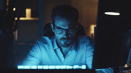 Focused programmer at desk, screen glowing with code, modern tech office, dim ambient lighting, serious and intense mood