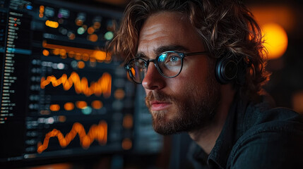 Poster - Data analysis expert working late at night modern office digital workspace urban environment close-up view technology insights for business growth