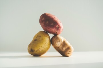 Poster - Three potatoes of different colors and sizes are stacked in a triangular shape.
