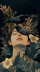 Wall Mural - Serene Woman with Crows and Flowers: Dark Art